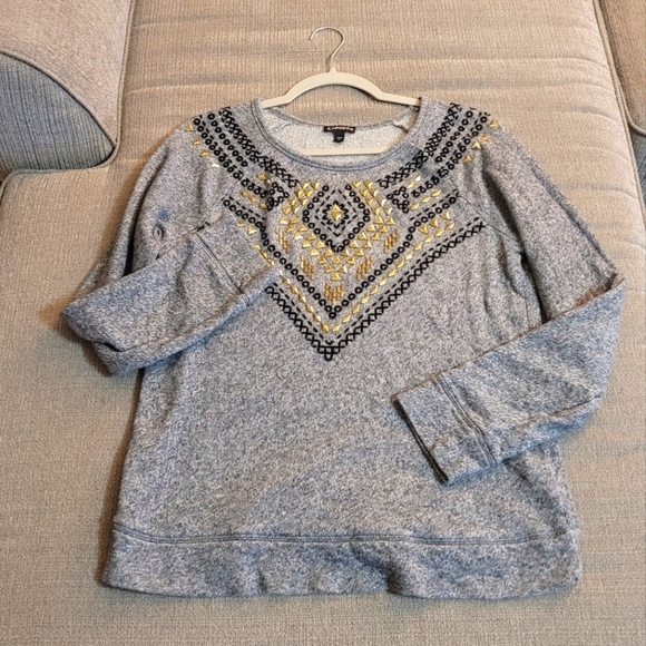 Express Gray Gold Black Pattern Abstract Casual Boho Top Sweater Size Small - Picture 1 of 6